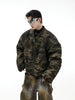 Vintage Camouflage Baseball Jacket with Hand-Painted Graffiti and Oversized Pockets