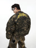 Vintage Camouflage Baseball Jacket with Hand-Painted Graffiti and Oversized Pockets