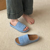 Blue Slip-On Mules with Thick Sole - Soft Fabric Upper, Low Heel, Open Toe Design
