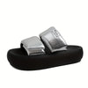 Slip-On Open-Toe Thick Sole Casual Beach Shoes with Synthetic Cover Upper & Rubber Outsole, Black, Strappy Sandals, Synthetic Cover Footwear