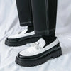 Lightweight Platform Loafers - Stylish Slip-On Dress Shoes with Thick Sole, White & Black Design, Faux Upper, Rubber Sole
