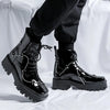 Glossy Square Toe Lace-up Platform Boots - Casual Walking Shoes