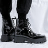 Glossy Square Toe Lace-up Platform Boots - Casual Walking Shoes