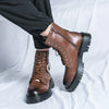 Men'S Retro Chunky Sole Mid-Calf Boots - Brown Faux Cover Lace-Up with Metal Buckle & Chain Accents, Non-Slip Rubber Outsole for Casual & Workwear, Versatile High-Top Design, Work Boots, Durable Footwear
