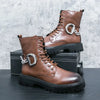 Men'S Retro Chunky Sole Mid-Calf Boots - Brown Faux Cover Lace-Up with Metal Buckle & Chain Accents, Non-Slip Rubber Outsole for Casual & Workwear, Versatile High-Top Design, Work Boots, Durable Footwear