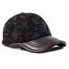 Genuine Leather Baseball Cap - Funky British Style with Embossed Design, Black & White Camouflage Pattern, Adjustable Fit