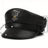 Genuine Leather Cap with Eagle & Star Embossed Design - Black Punk Style Flat Top Hat