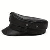 Genuine Leather Cap with Eagle & Star Embossed Design - Black Punk Style Flat Top Hat