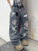 Unisex Distressed Grey Loose-Fit Jeans - Streetwear Style with Ripped Details,