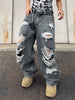 Unisex Distressed Grey Loose-Fit Jeans - Streetwear Style with Ripped Details,