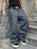 American High Street Multi-Pocket Ruched Design Loose Work Jeans, Fashionable Versatile Trousers