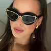 Chic Black Cat-Eye Fashion Glasses for Women - Large Square Frame, Golden Accents